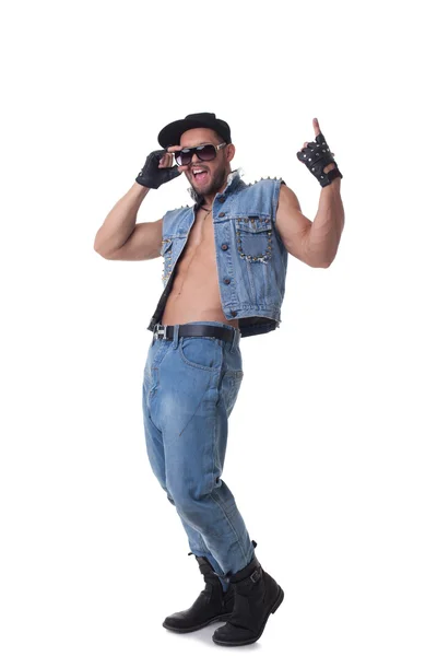 Hilarant homme barbu posant en costume de denim — Photo