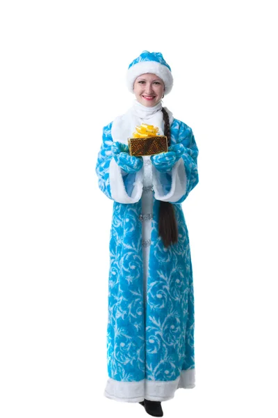 Adorable Snow Maiden with gift, isolated on white — Stock Photo, Image