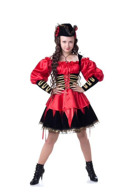 Bella ragazza in posa in costume da pirata su Halloween — Foto Stock