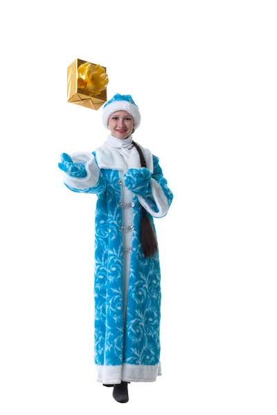 Bella Vergine della neve in posa con scatola regalo in studio — Foto Stock