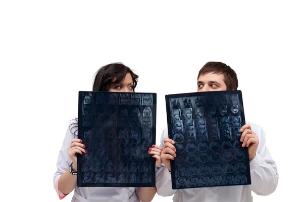 Funny interns look out of tomograms — Stock Photo, Image