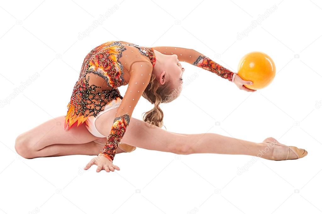 Art gymnastics. Flexible girl performing with ball
