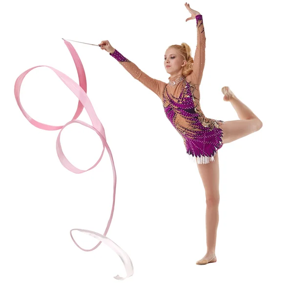 Образ художньої гімнастки, що танцює стрічкою — стокове фото