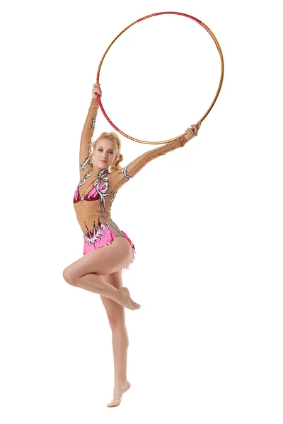 Performance of pretty artistic gymnast with hoop — Stock Photo, Image