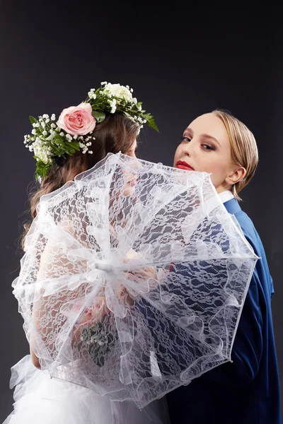 Idea of same-sex marriage. Pretty bride and groom — Stock Photo, Image