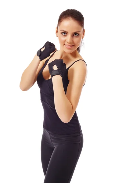 Süße blauäugige Mädchen posiert in Handschuhen für das Training — Stockfoto