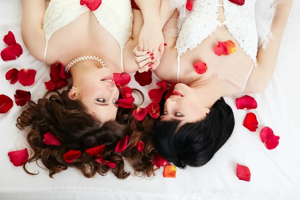 Gay marriage. Top view of smiling beautiful brides — Stock Photo, Image