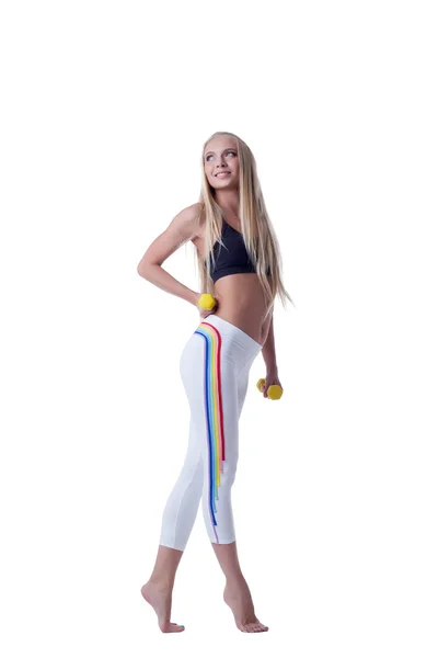 Hermosa chica deportiva posando con pesas —  Fotos de Stock