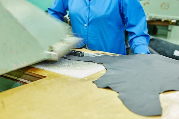 Image of cutting leather using semiautomatic press — Stock Photo, Image