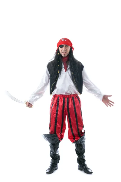 Uomo allegro in costume da pirata, isolato su bianco — Foto Stock