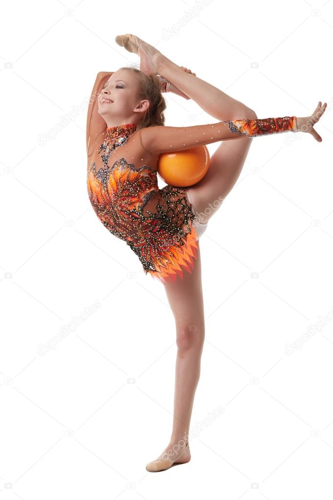 Free callisthenics. Adorable gymnast with ball