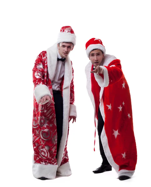 Jovens bonitos posando vestido de Papai Noel — Fotografia de Stock
