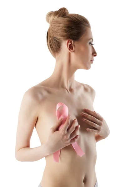 Mammalogy. Topless woman posing with pink ribbon — Stock Photo, Image