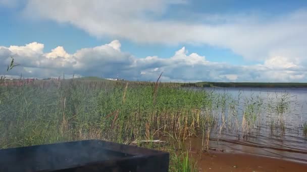 Fumaça de churrasco no lado do lago — Vídeo de Stock