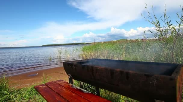 Humo de la barbacoa en el día de verano cerca del lago — Vídeos de Stock