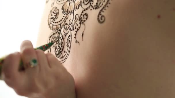 Mehendi. Creazione di pattern complessi sui modelli indietro — Video Stock