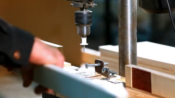 Perforación de una madera contrachapada en la fábrica de madera de cerca — Vídeo de stock