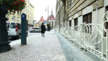 kadın siyah montlu yürümek köpek Prag Street ile