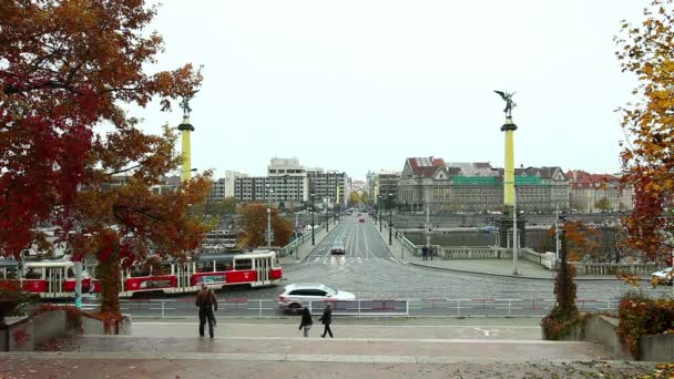 Cruce a orillas del río y puente sobre Vltava — Vídeos de Stock