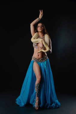 Bir kadın stüdyoda zarif bir şekilde dans ediyor, vücudunun etrafında bir yılan tutuyor. Parlak bir kıyafet giyer ve akşam atmosferindeki hareketleriyle seyircileri eğlendirir..