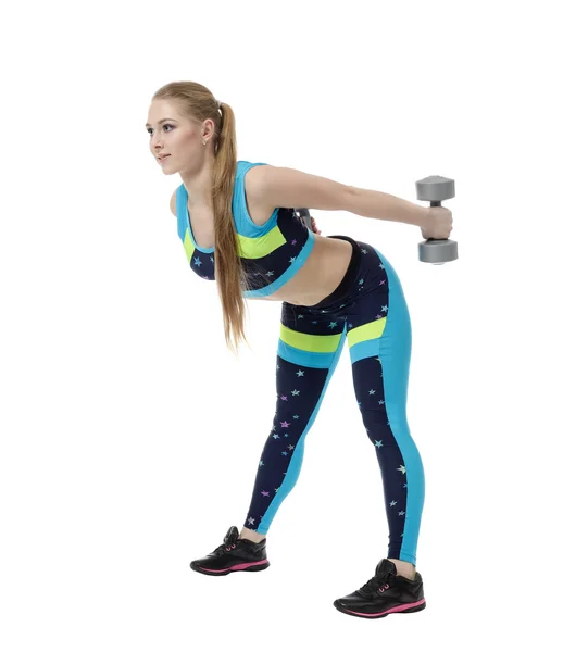 Shaping. Nice girl doing exercise with dumbbells — Stock Photo, Image