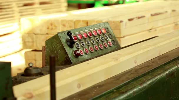 Sawmill. View of wooden bar moves on conveyor — Stock Video