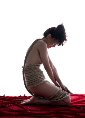 Shibari. Çıplak kız yan görünüm ile ip bağladılar