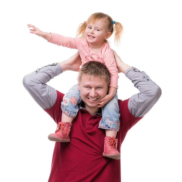 Vader dochter houden op zijn shouldes — Stockfoto