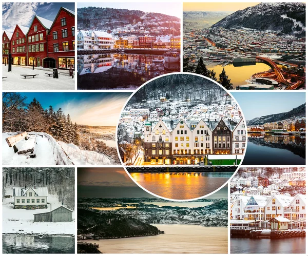 Collage van winter en attracties in Bergen — Stockfoto