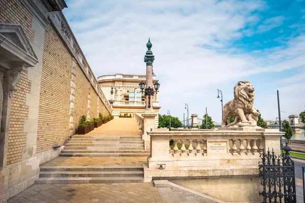 在布达城堡区的楼梯上的狮子雕像 — 图库照片
