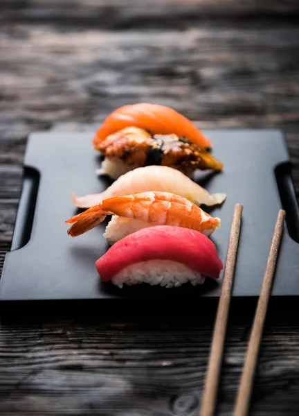 Sashimi sushi set with chopsticks and soy — Stock Photo, Image