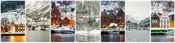 A téli és a látnivalók Bergen kollázs — Stock Fotó