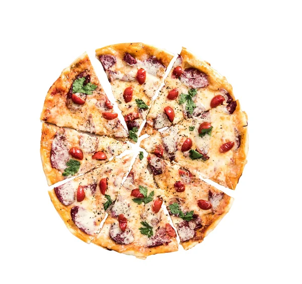 Delicious portioned pizza top view — Stock Photo, Image