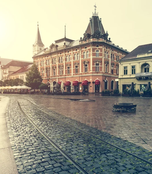 Central square in Kosice with tram rails after rain — Stock Photo, Image