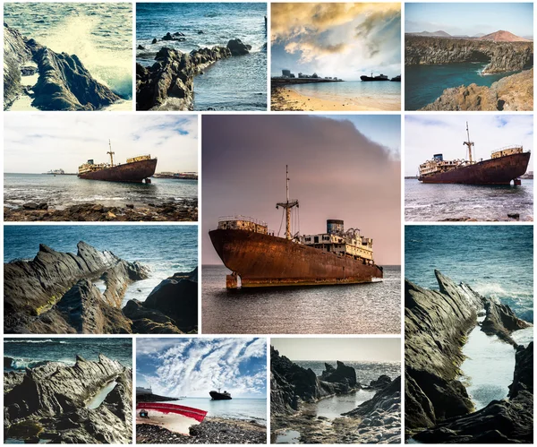 Felsküste und verlassene Schiffe auf Lanzarote — Stockfoto