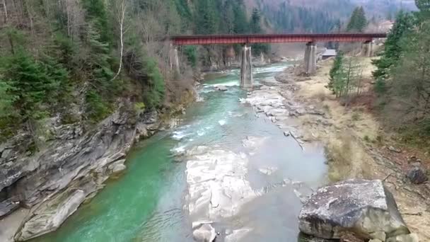 Mooi landschap met rivier en brug in de Karpaten — Stockvideo