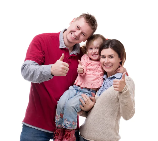 Pais com pequena filha retrato com polegares para cima — Fotografia de Stock