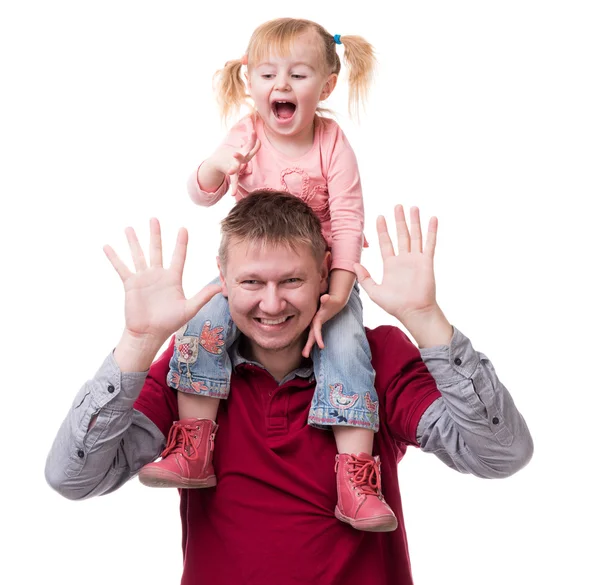 Father with daughter on his shoulders with hands up — Stock Photo, Image
