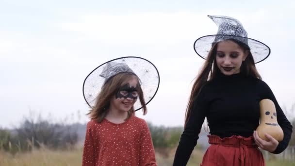 Zusters met Halloween make-up wandelen in de natuur — Stockvideo