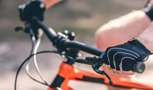 Manos en guantes en el manillar de la bicicleta — Foto de Stock