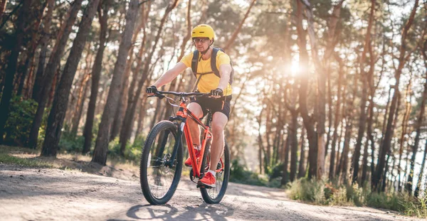 Uomo in bicicletta lungo la strada forestale — Foto Stock