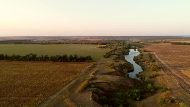 Blue river flowing between high riversides — Stock Video