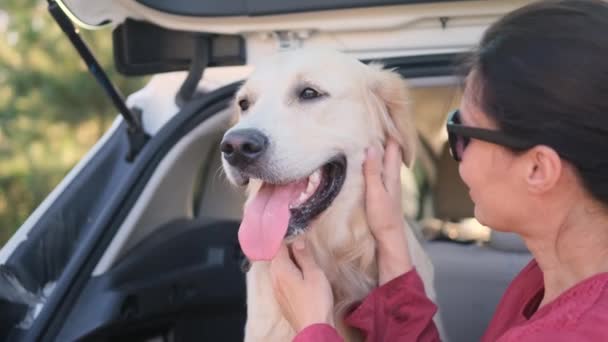 Dziewczyna przytulanie psa w bagażniku samochodu — Wideo stockowe