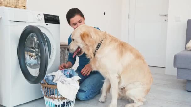 Mujer con perro cargando ropa en la máquina — Vídeos de Stock