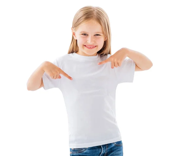 Menina criança em t-shirt simplesmente branca — Fotografia de Stock