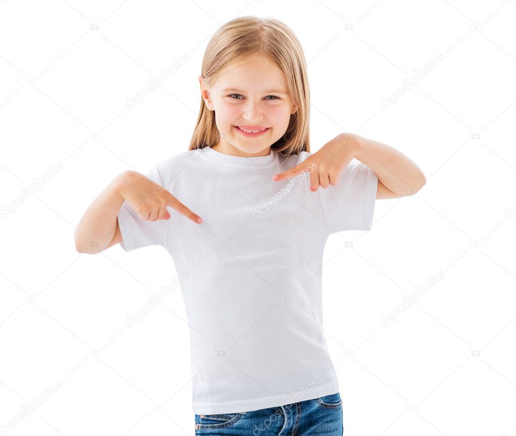 Kid girl in simply white t-shirt