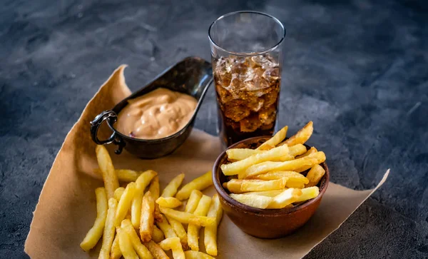 French fries with sauce and drink — Stock Photo, Image