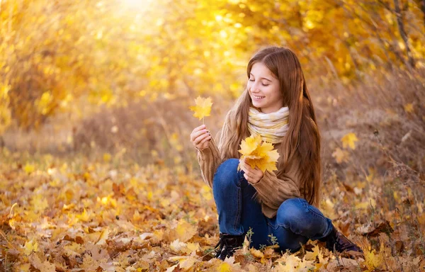 Schattig meisje verzamelen herfst bladeren — Stockfoto