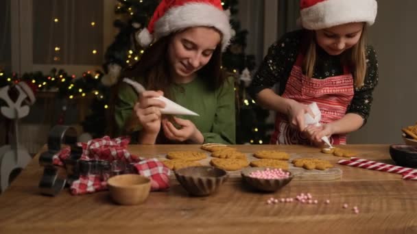 Gelukkige zussen doen peperkoek voor kerstfeest — Stockvideo