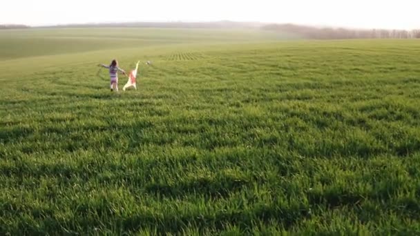 Glückliches Mädchen läuft mit fliegendem Drachen — Stockvideo